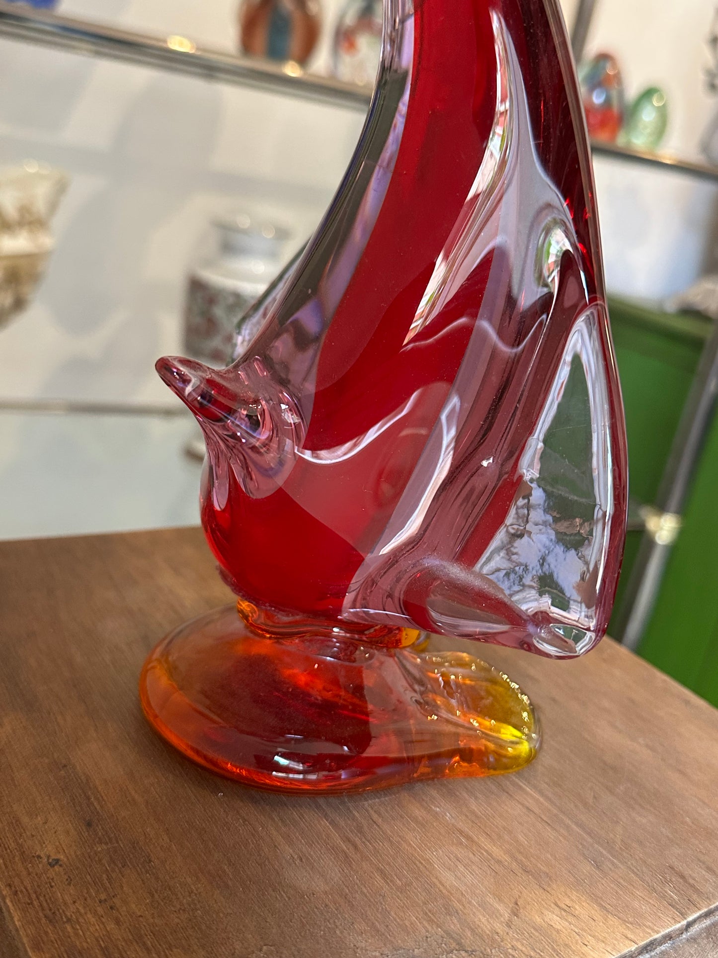 Figura decorativa de pato en cristal de Murano rojo y ámbar
