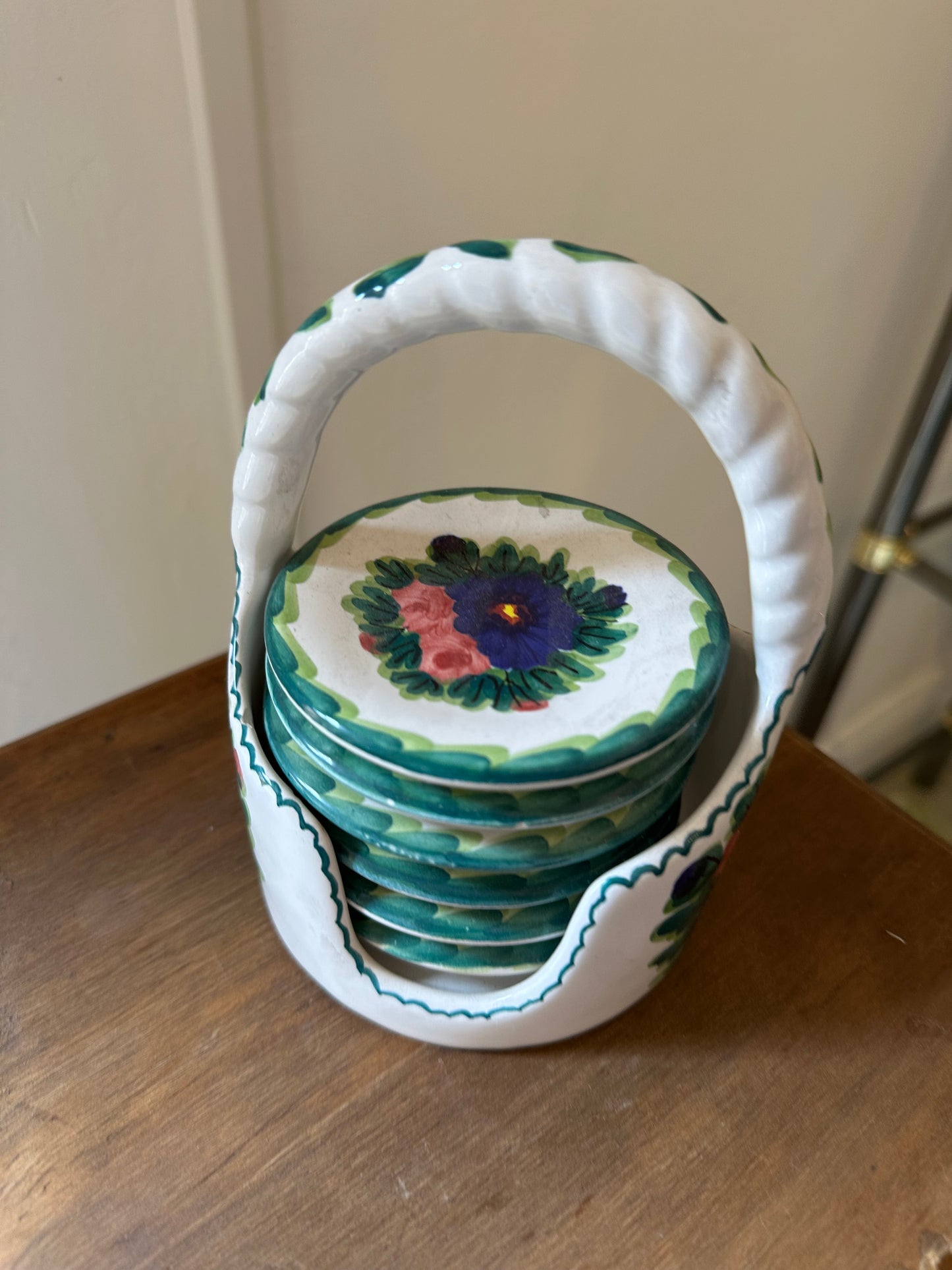 Set de posavasos de cerámica floral con soporte