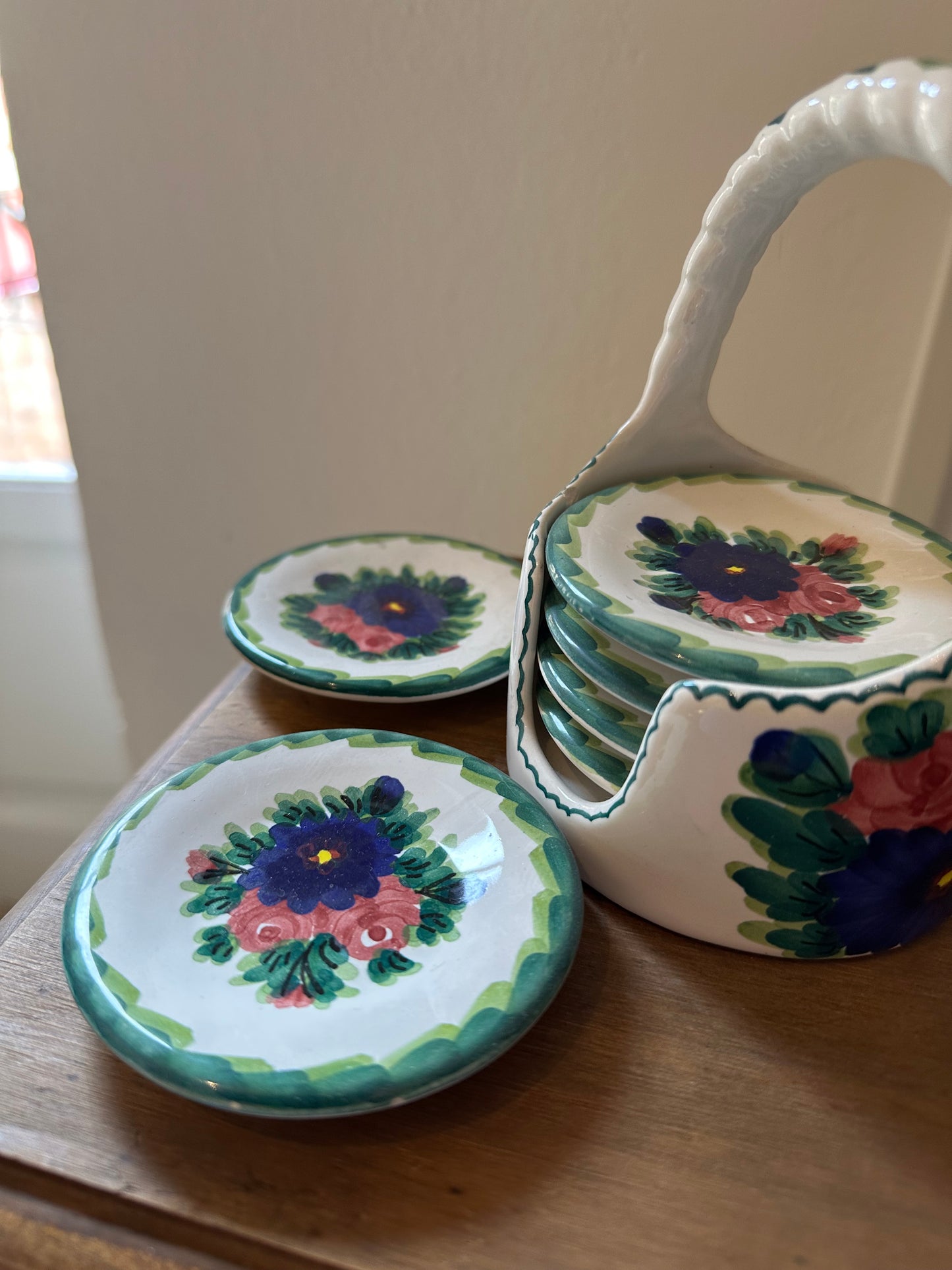 Set de posavasos de cerámica floral con soporte