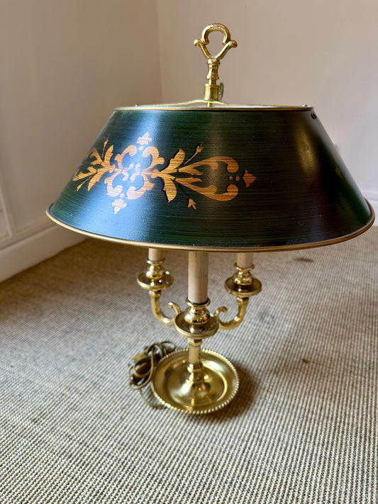Lámpara bouillotte de latón con pantalla verde pintada a mano - Estilo francés vintage