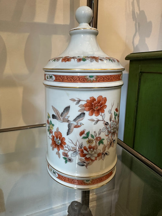 Tarro decorativo de porcelana con tapa y motivos florales y aves