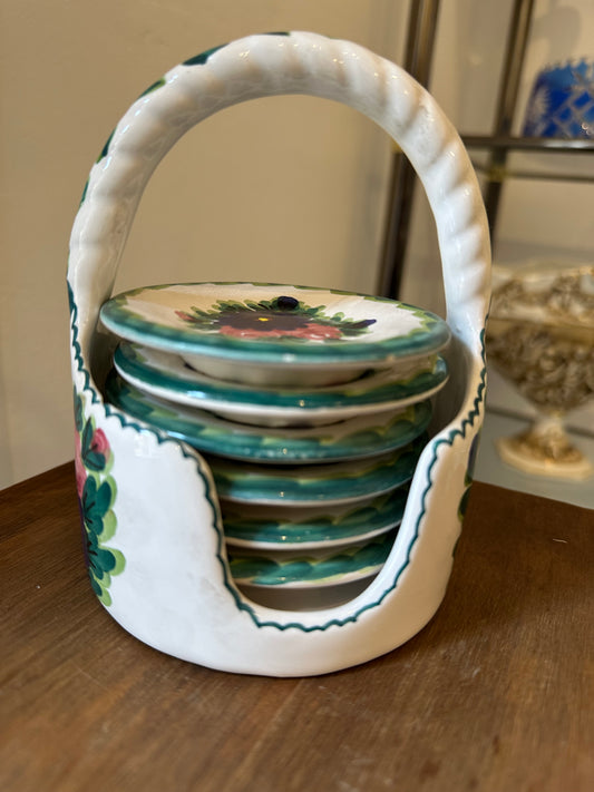 Set de posavasos de cerámica floral con soporte